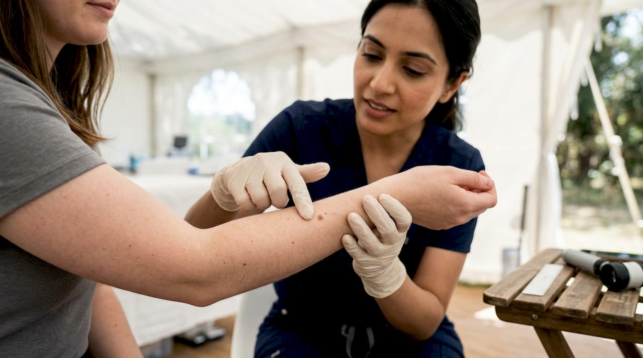Dermatologist examining mole on patient forearm