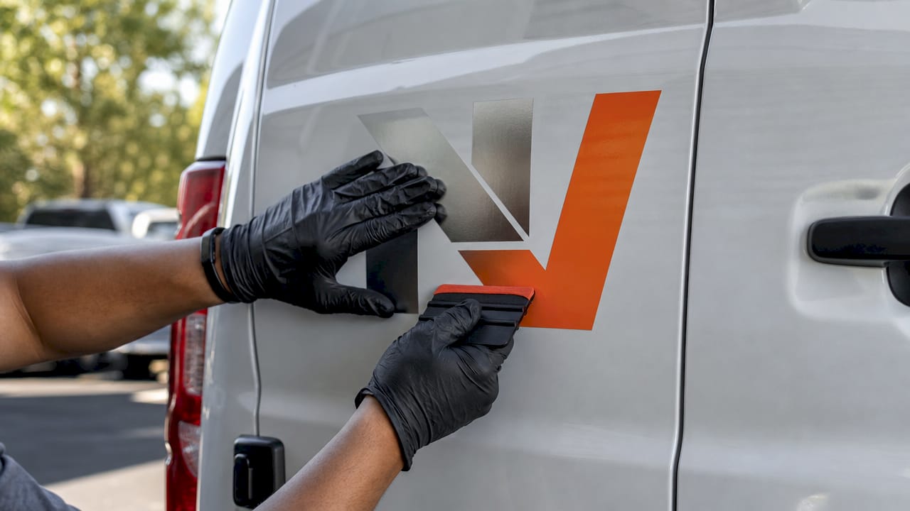 Hands applying cut vinyl lettering on vehicle door