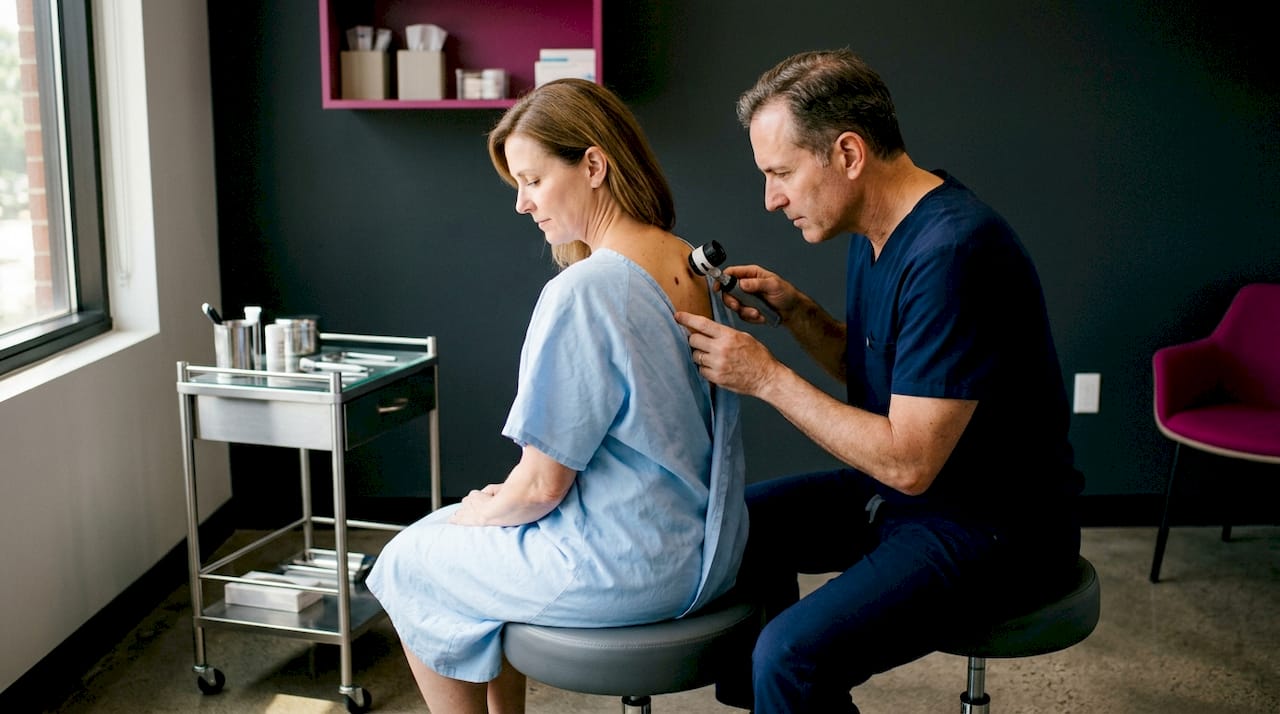 Doctor examining patient's skin mole in clinic