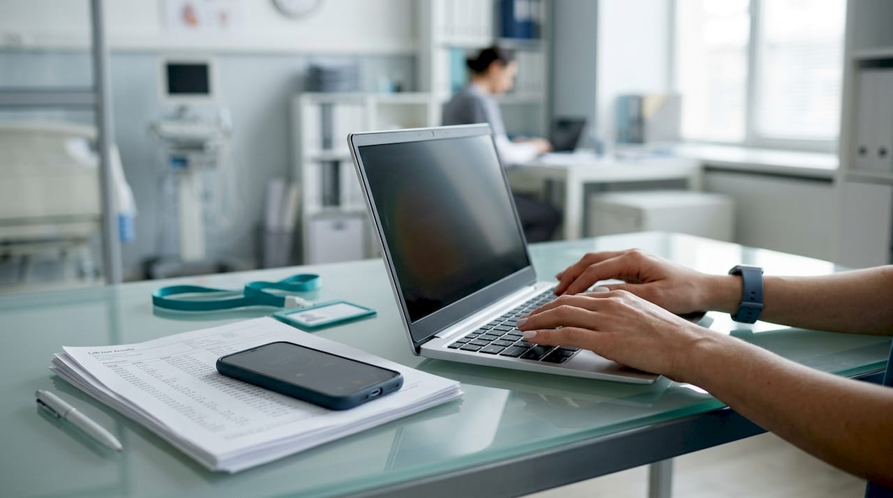 Hands typing near lab test paperwork and timer