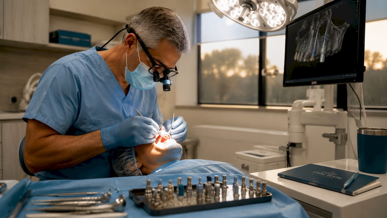 Dental surgeon performing All-on-Four implant surgery