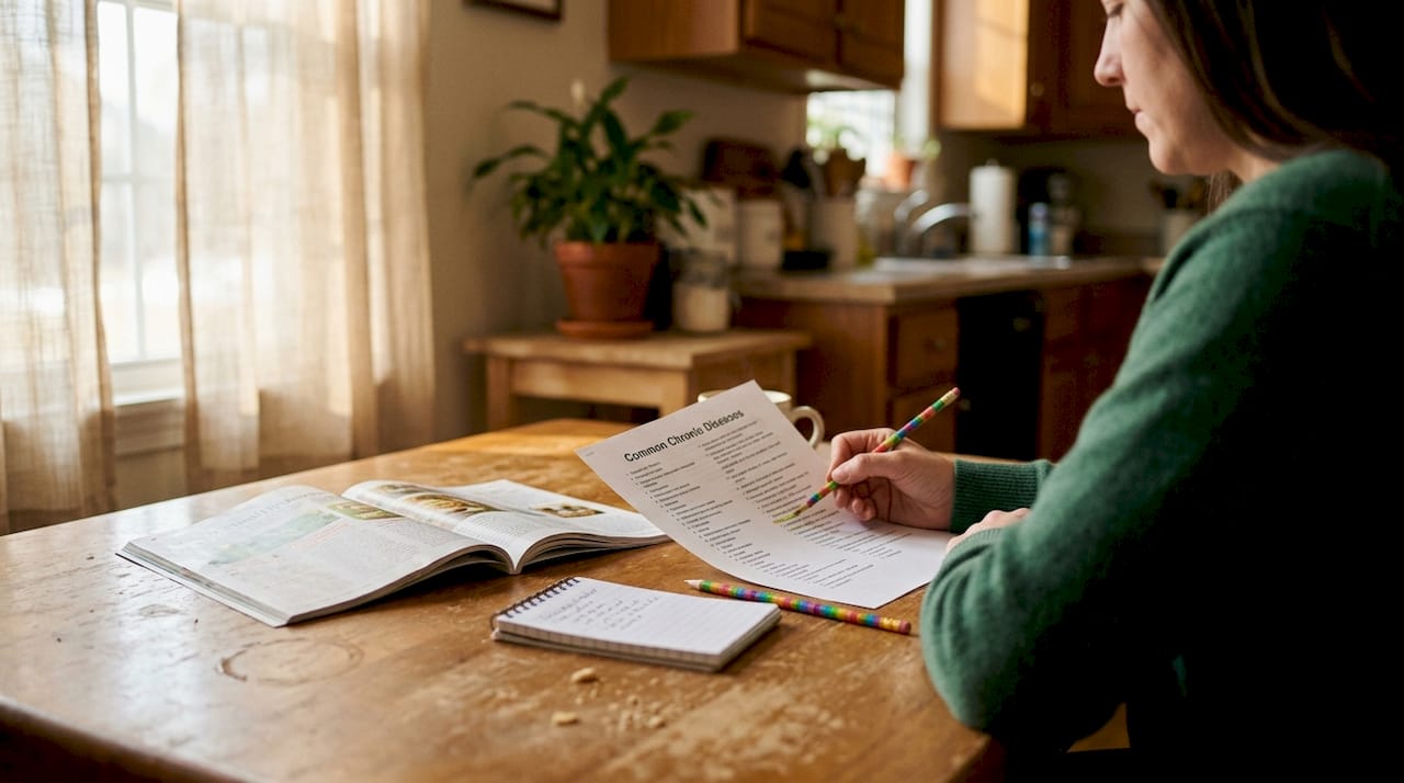 Printed list of common chronic diseases on desk