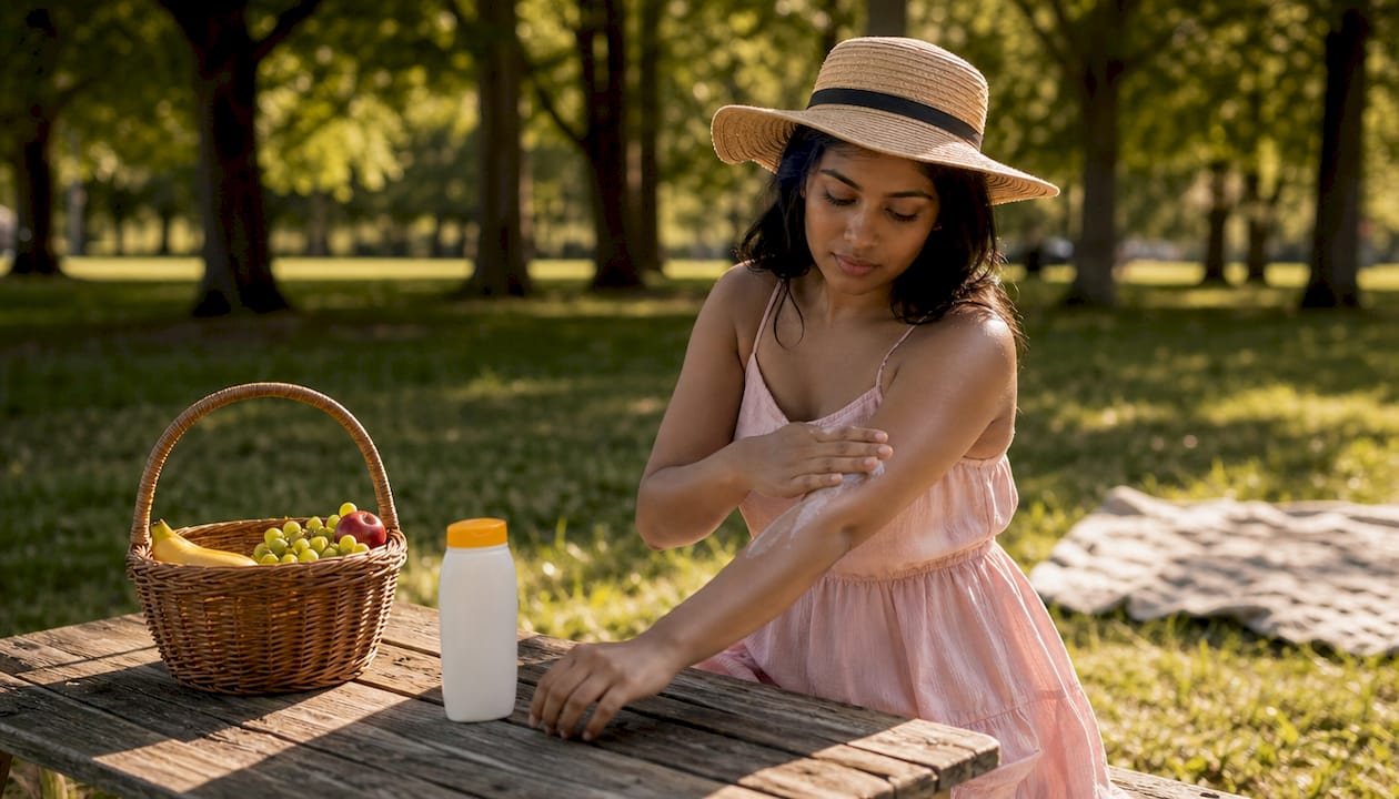 Woman applying sunscreen outdoors in park