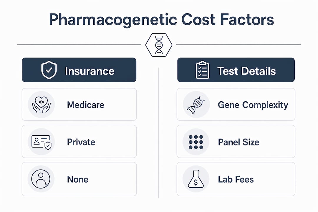 Infographic showing key cost factors for pharmacogenetic testing