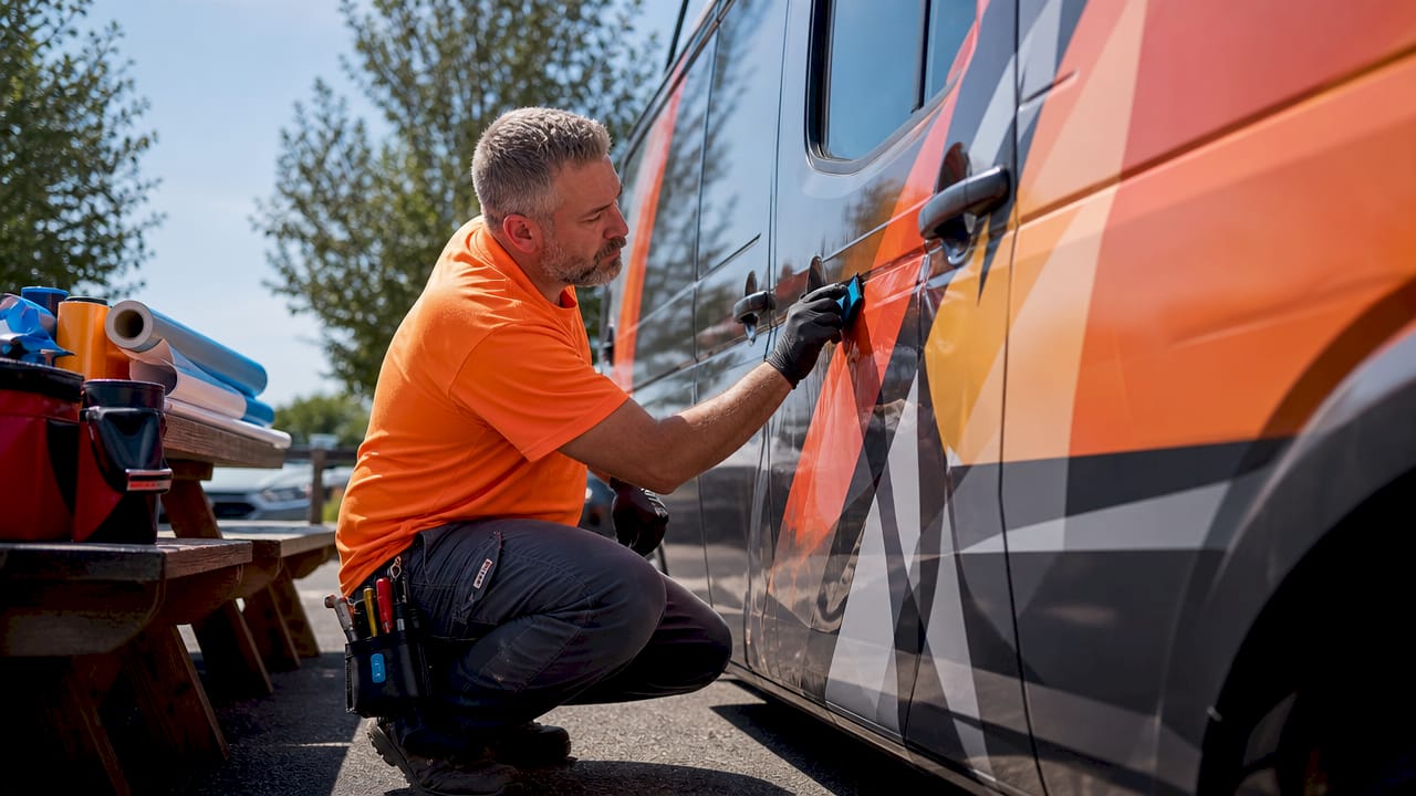 Installer applying full vinyl wrap on van outdoors
