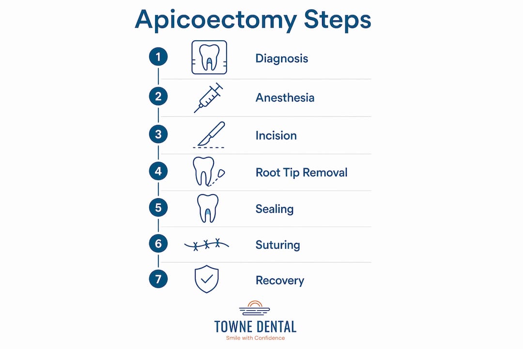 Infographic showing apicoectomy surgery steps