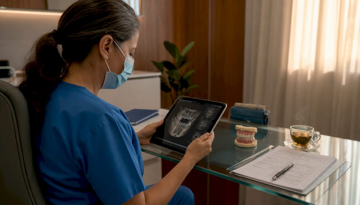 Dentist reviewing 3D dental implant plan on tablet