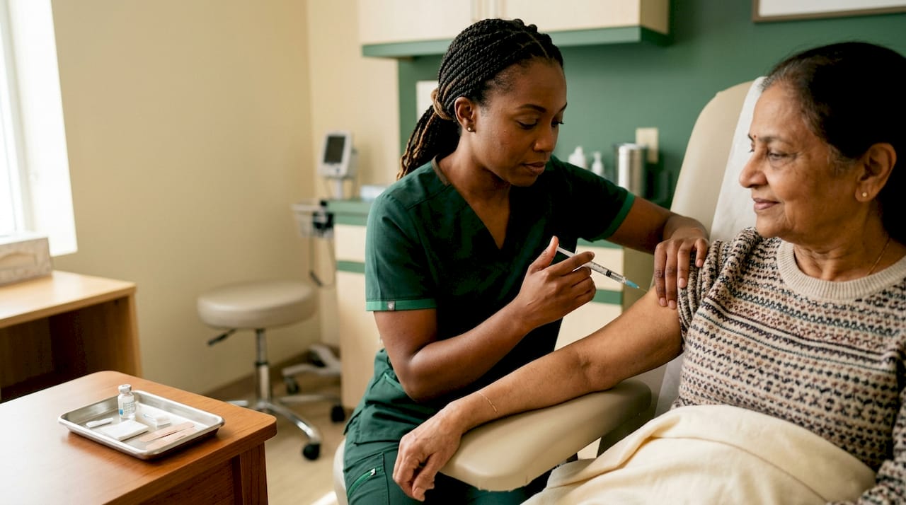Family doctor giving flu vaccine injection