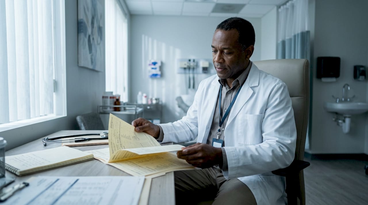 Clinician reviewing blood test orders in office