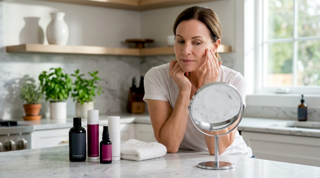Woman applying moisturizer post-treatment at bathroom vanity