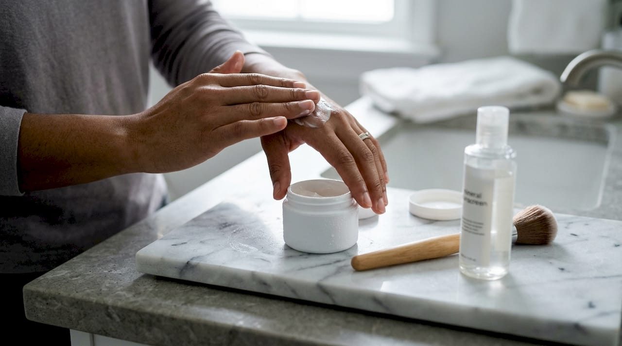 Hands holding moisturizer and sunscreen for skin barrier care