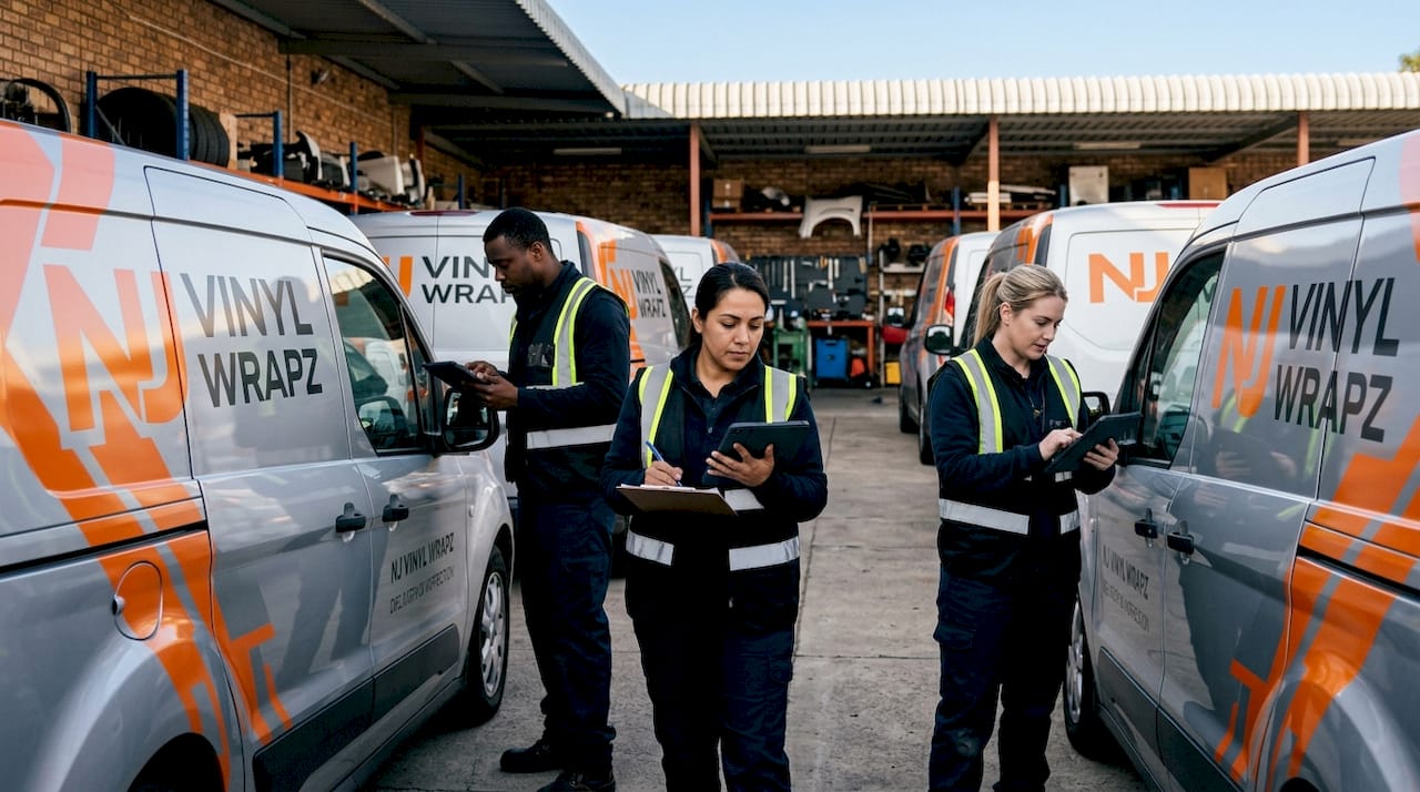 Fleet technicians inspecting uniform branded vans