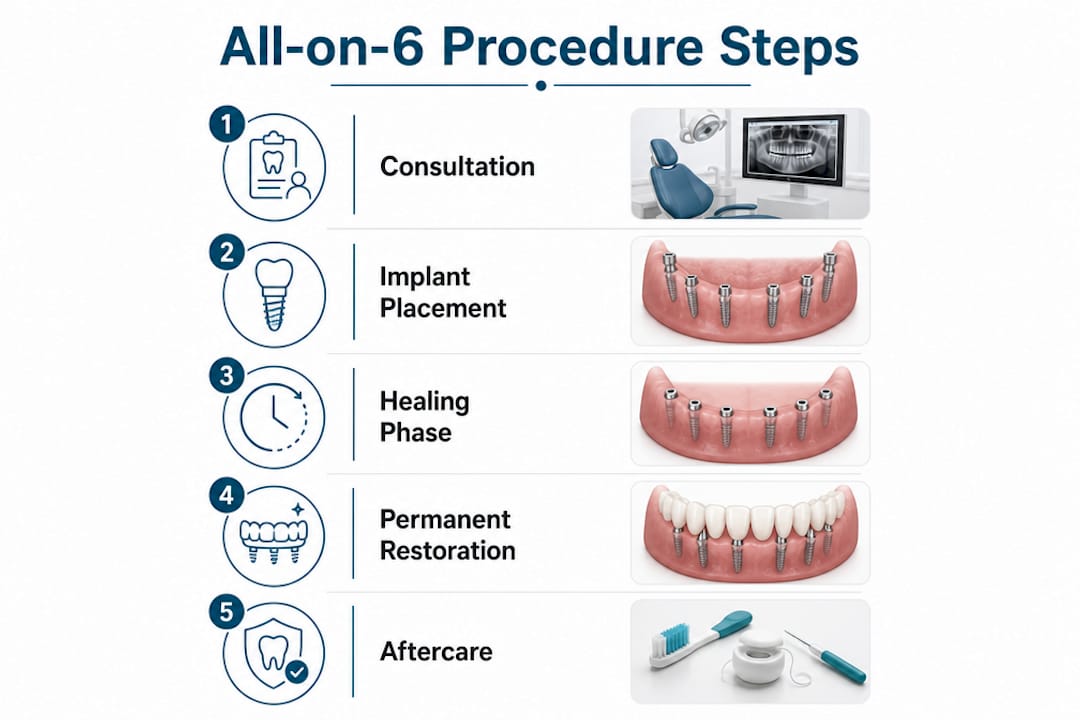 Infographic showing all-on-6 procedure steps