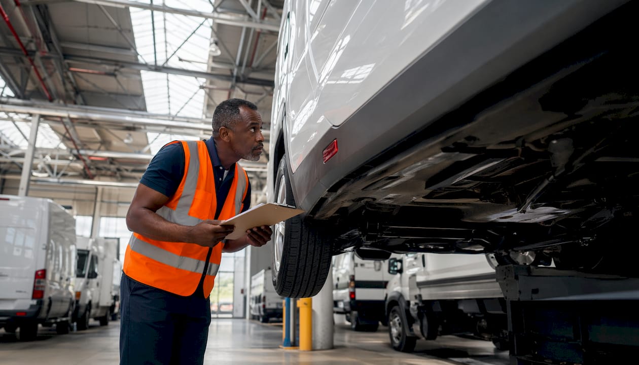 Fleet manager inspecting commercial vehicle outdoors