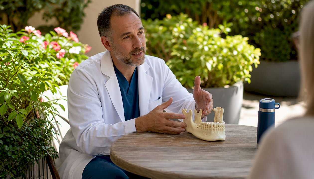 Dentist showing jawbone model to patient
