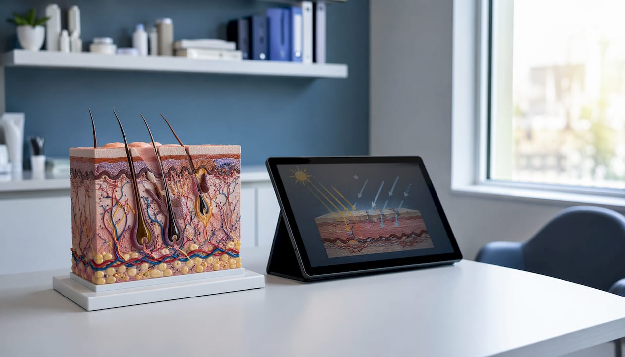 Dermatology room skin model showing UV damage