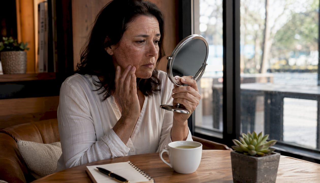 Woman examining sun-damaged skin at home desk