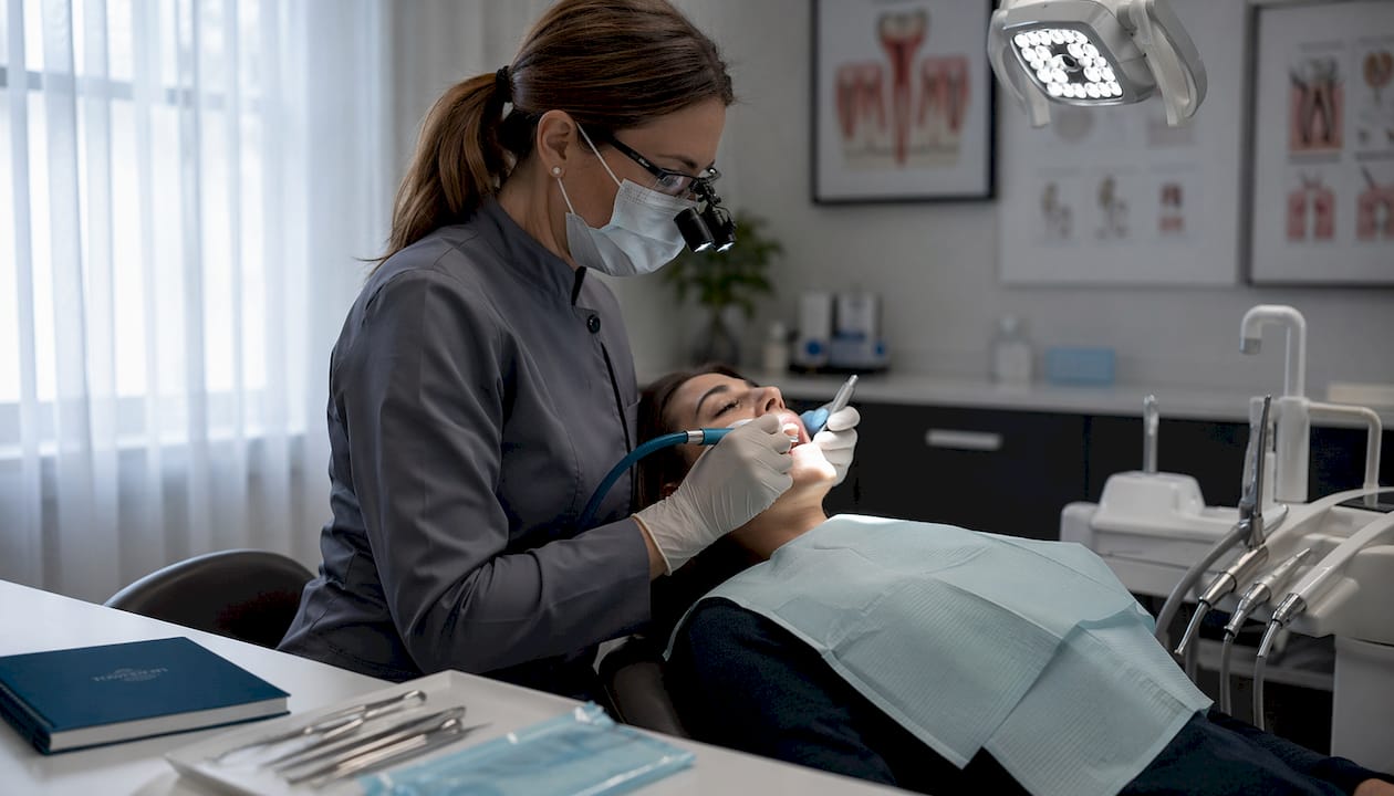 Dentist cleaning tooth canals with irrigation tools