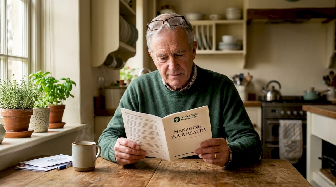 Senior patient reading medical education pamphlet