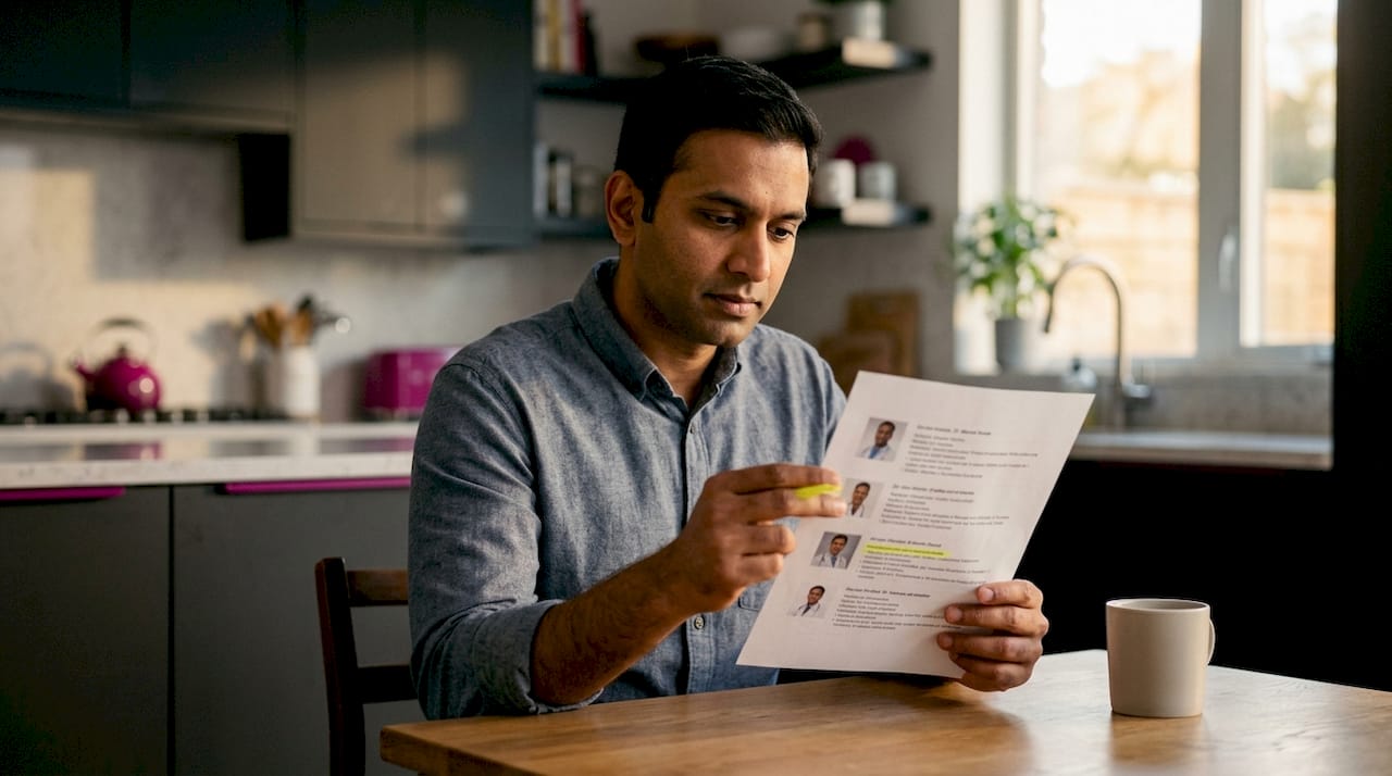 Hands reviewing printed doctor profiles and credentials