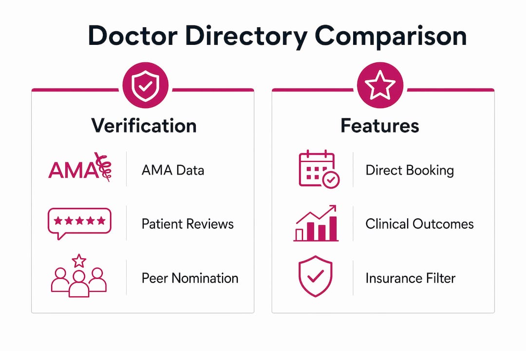 Infographic comparing doctor directory platforms features and verification
