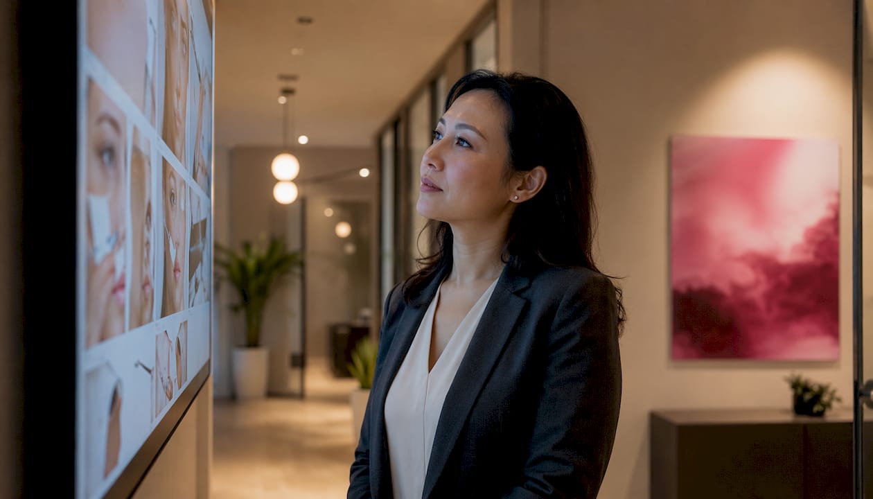 Woman reviewing anti-aging treatment options in clinic