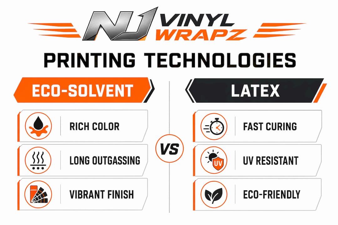 Infographic comparing eco-solvent and latex vinyl wrap printing