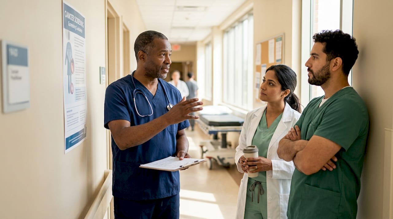 Healthcare team discussing cancer screening data