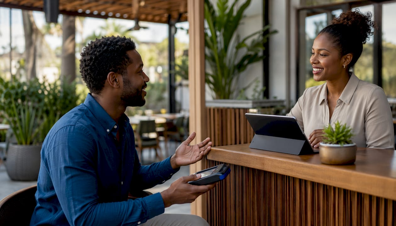 Patient discussing dental costs at reception
