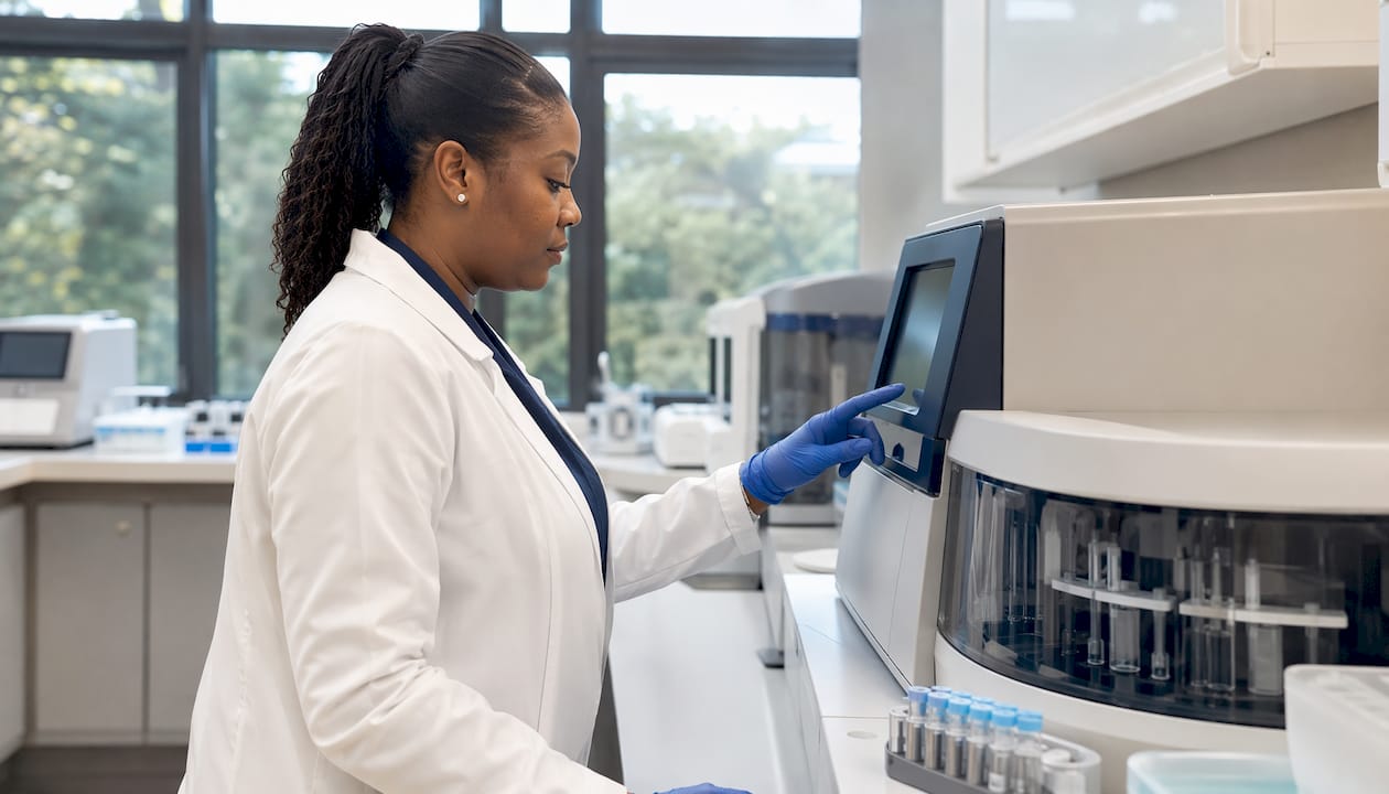 Lab technician processing liquid cytology sample