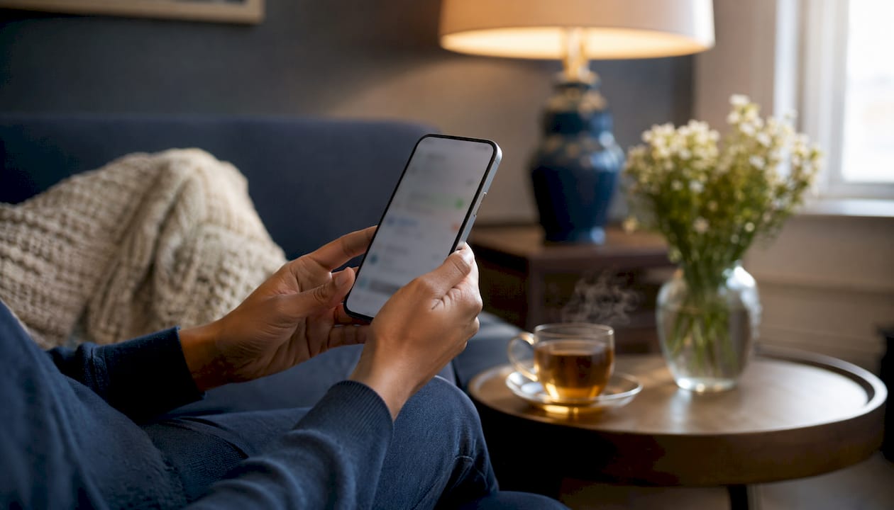 Hands holding phone with scheduling app visible