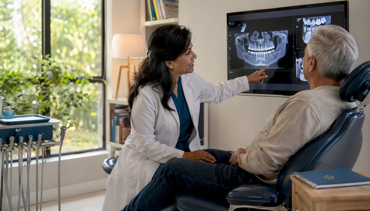 Dentist showing 3D jaw scan to patient