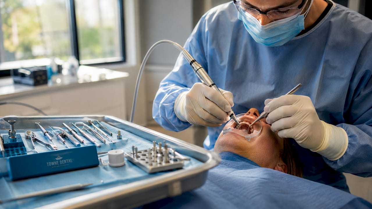Close-up of dental implant placement surgery