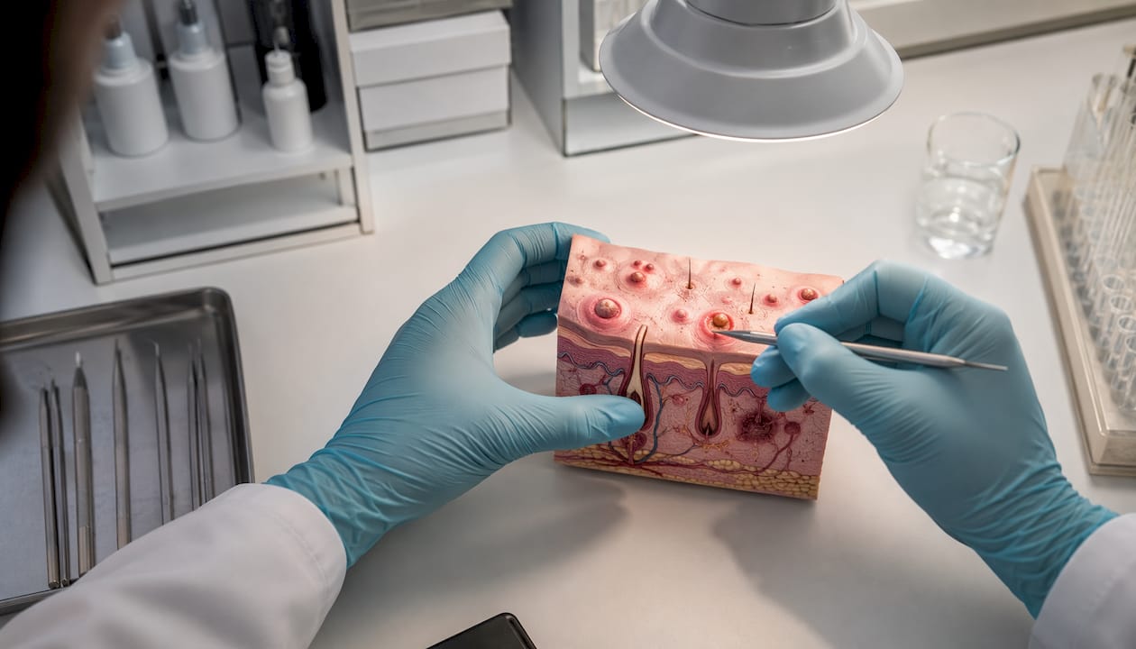 Dermatologist examining acne skin model