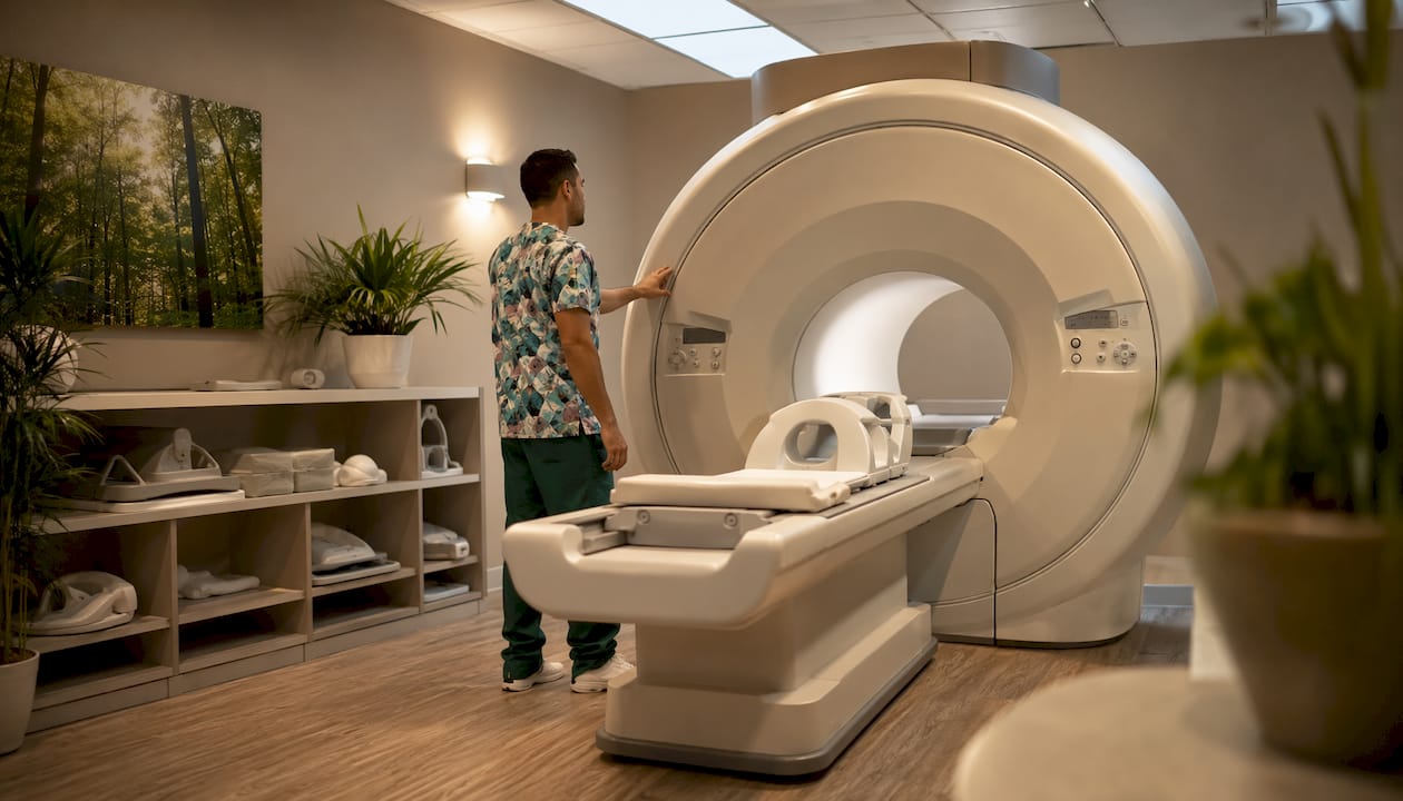 Technician preparing MRI machine in imaging suite