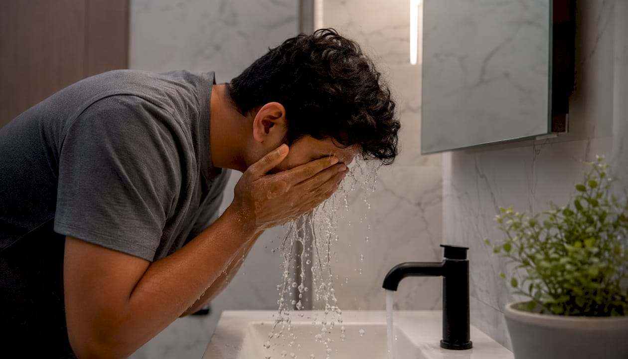 Young man gently washing face at kitchen sink
