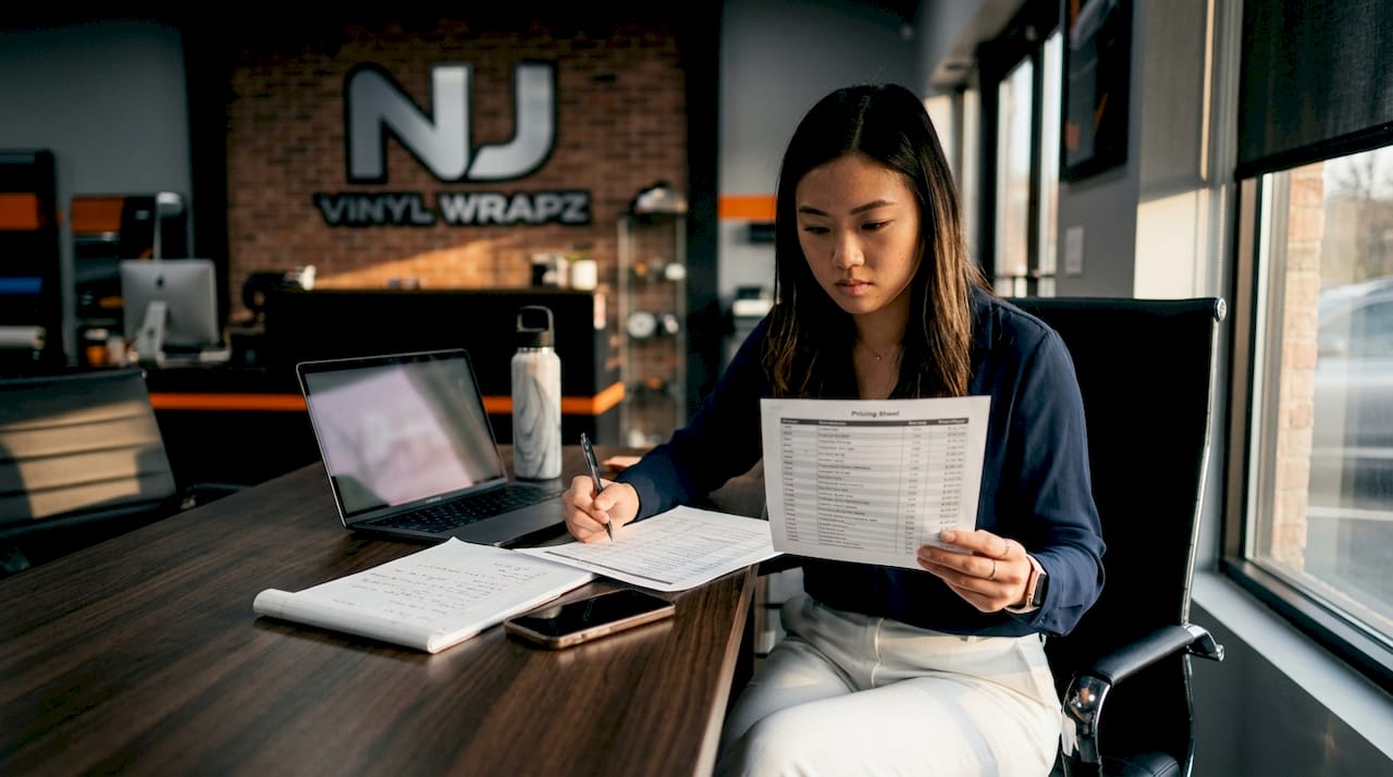 Woman reviewing car waxing costs at desk