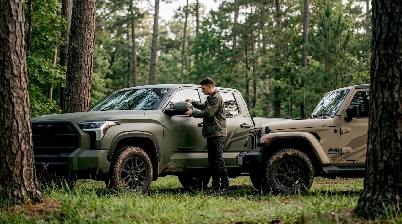 Military-inspired earth tone wrapped trucks outdoors at dusk