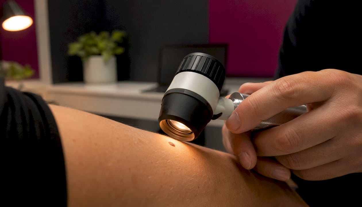Hands using dermatoscope on skin lesion
