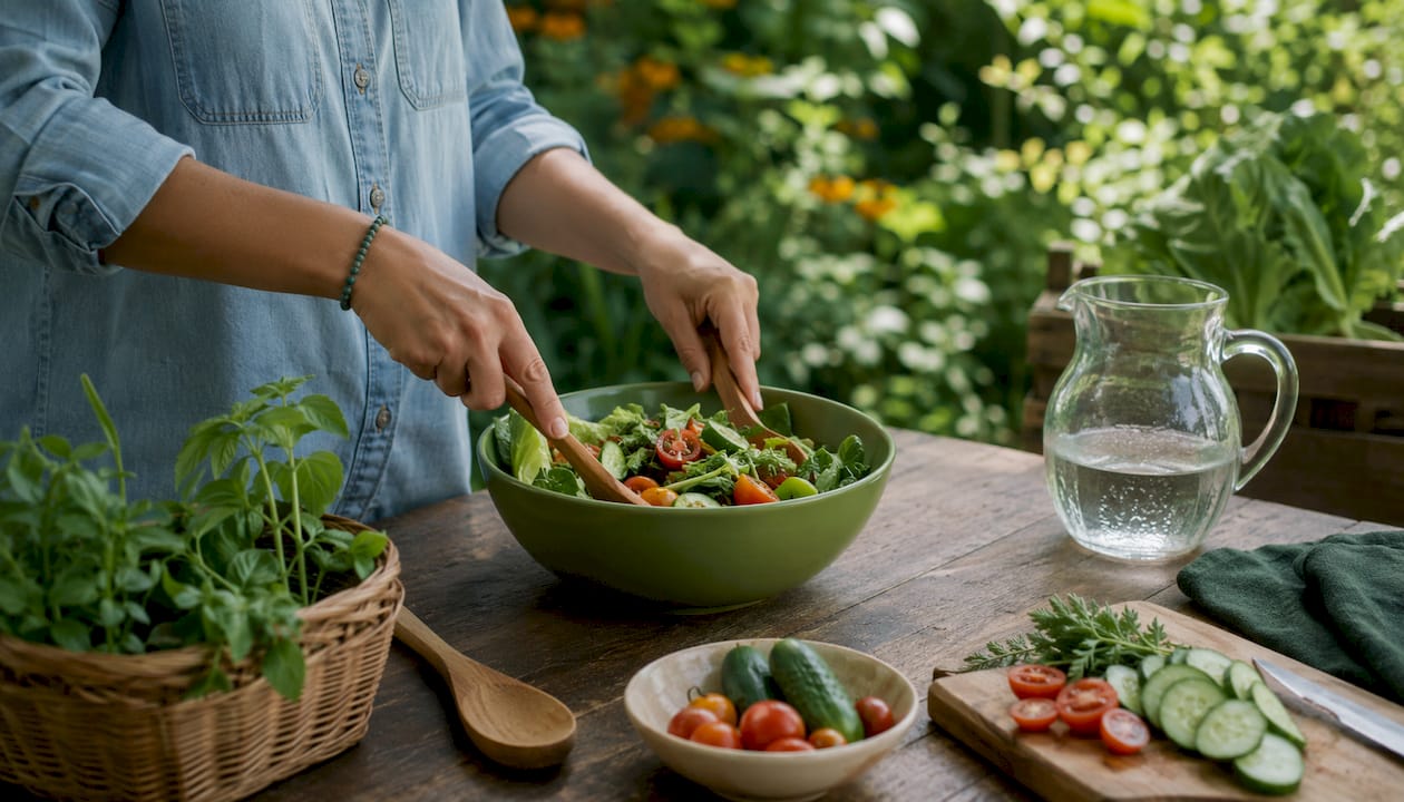 Hands preparing fresh salad in home kitchen