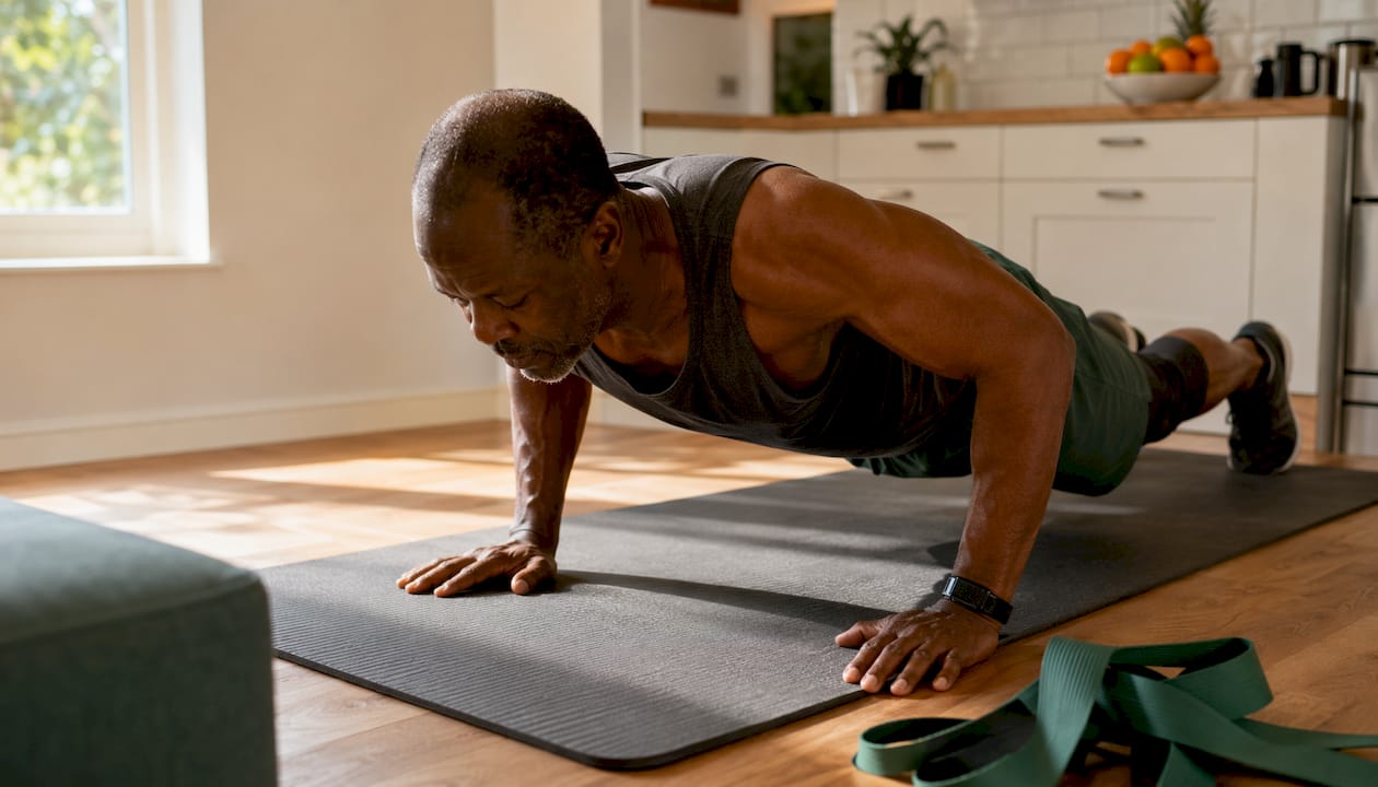 Man doing push-ups in living room workout
