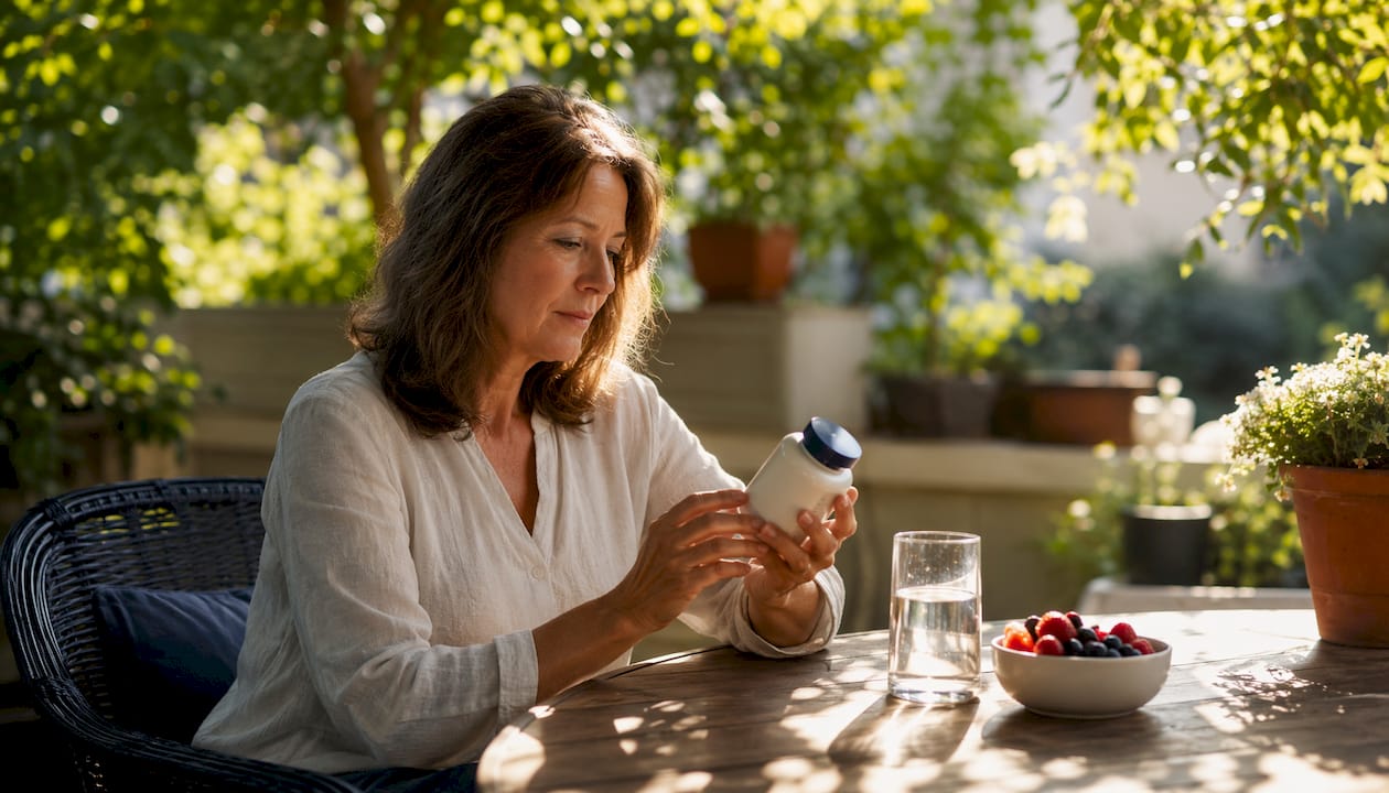 Hands holding beta-glucan supplement bottle in kitchen