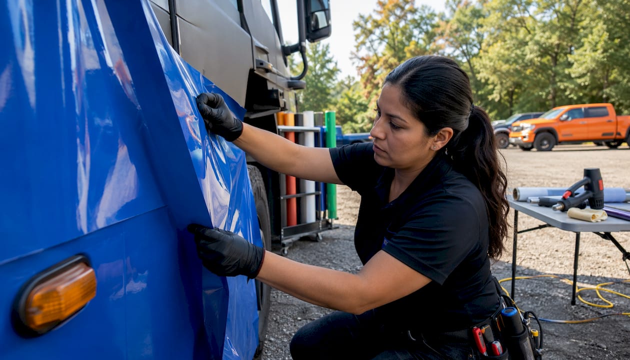 Installer applying vinyl wrap onto van outdoors