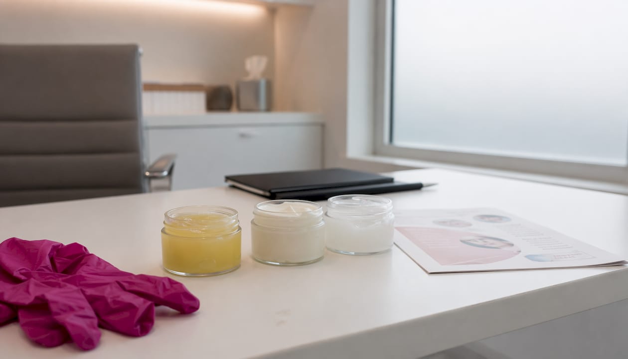 Jars of moisturizing ointments in clinic