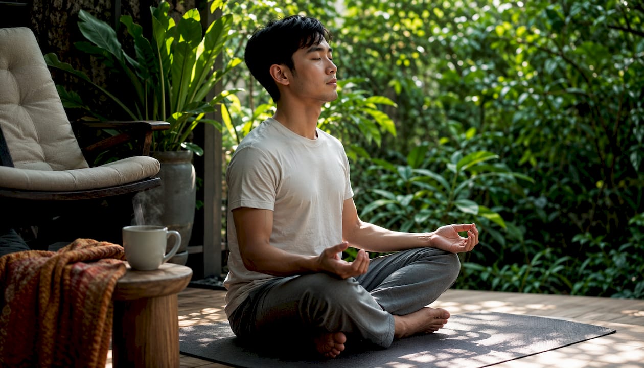 Man meditating at home for eczema stress