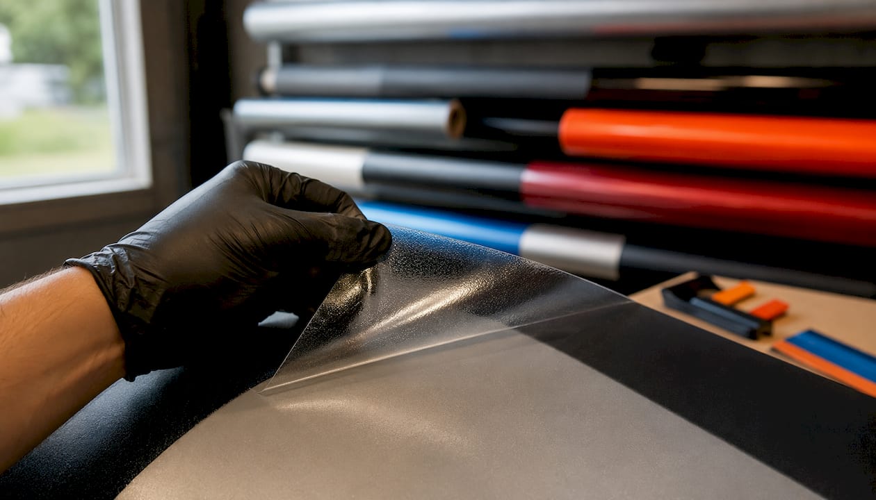 Peeling release liner from adhesive layer close-up
