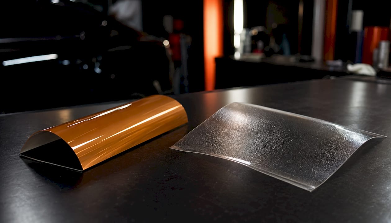 PVC and TPU vinyl samples side by side on table