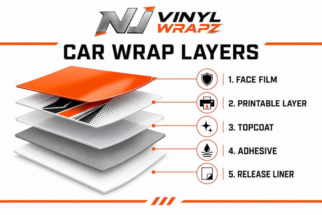 Infographic illustrating car wrap film layers