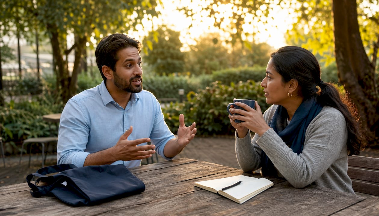 Two people discussing mobile phlebotomy services