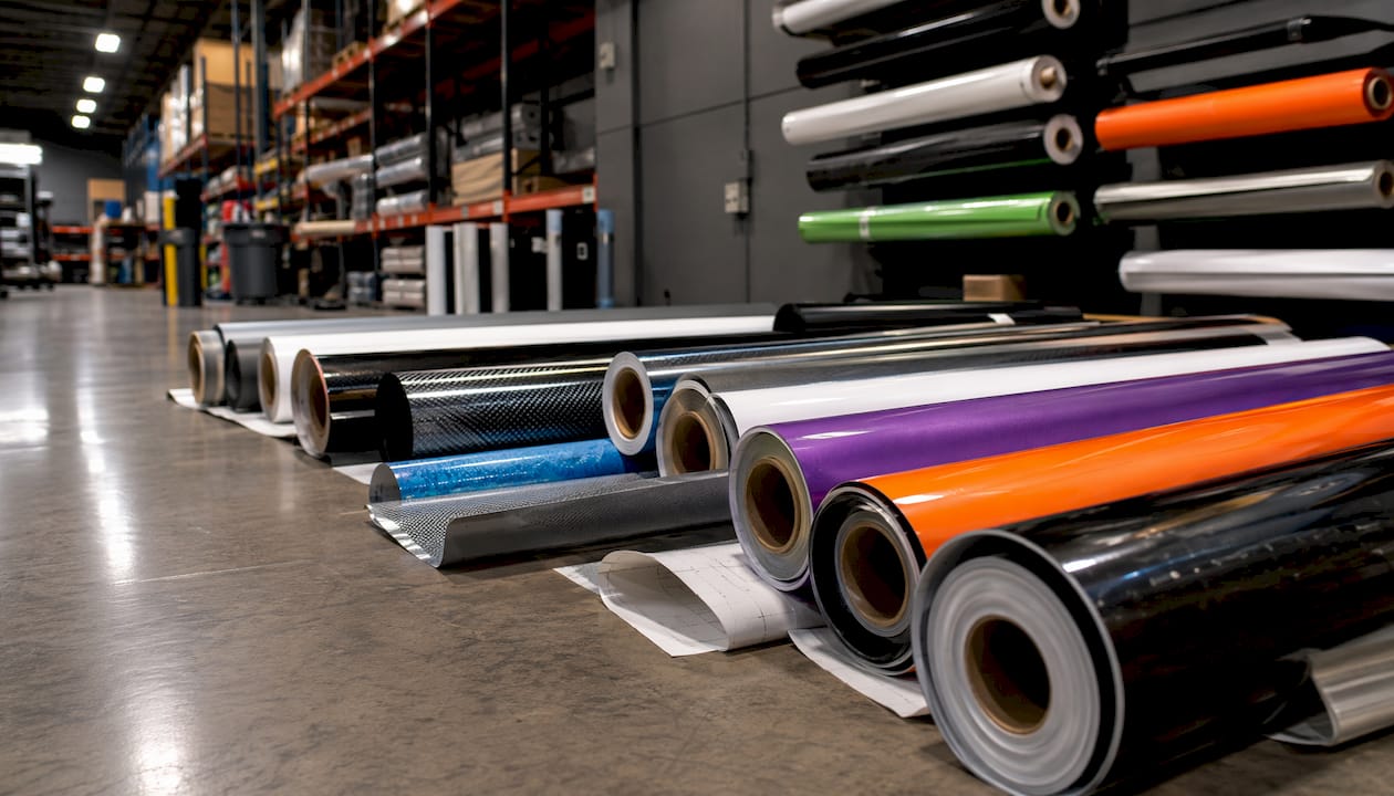 Various vinyl wrap material rolls close-up